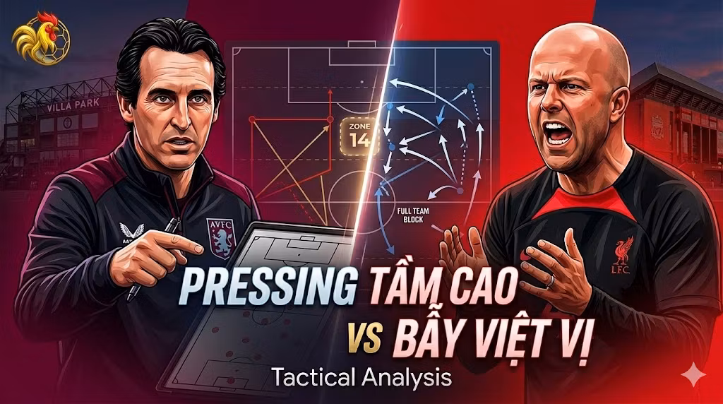 Phân tích chiến thuật pressing tầm cao và bẫy việt vị trận Aston Villa vs Liverpool trên Gavang TV.