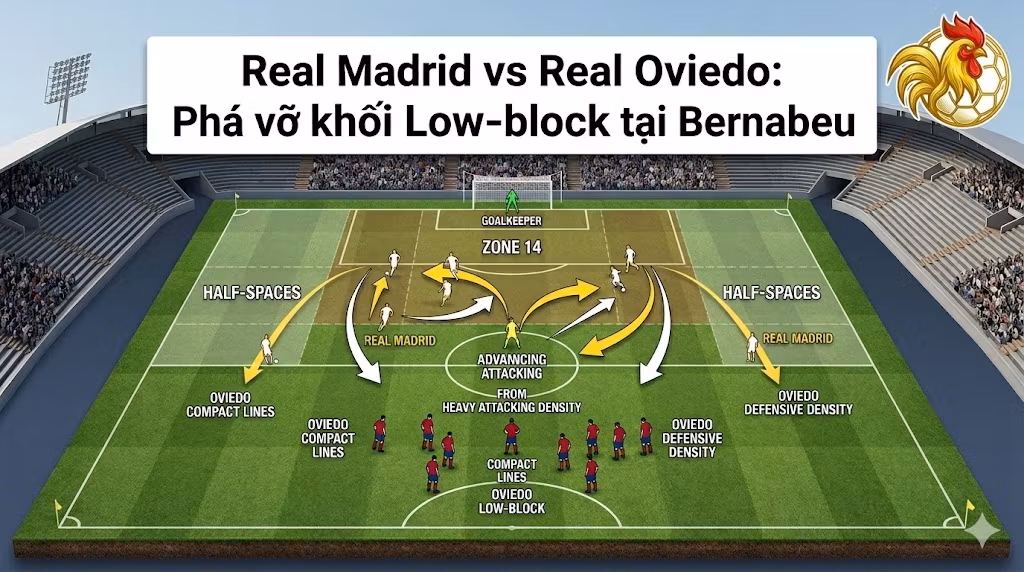 Sa bàn phân tích chiến thuật trận Real Madrid vs Oviedo, minh họa cách tấn công khu vực Half-space và phá vỡ khối Low-block.