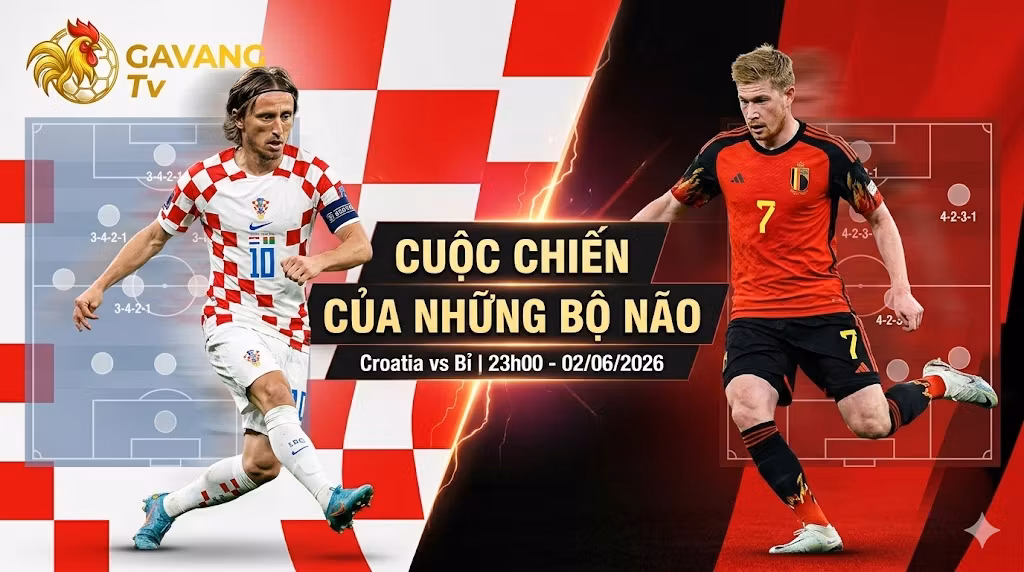 Hình ảnh so sánh đồ họa của Luka Modric (Croatia) và Kevin De Bruyne (Bỉ) trên sa bàn chiến thuật, với văn bản 'CUỘC CHIẾN CỦA NHỮNG BỘ NÃO'
