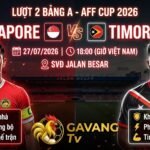 Ảnh bìa nhận định trận đấu Singapore vs Timor Leste ở AFF Cup 2026, với tông màu đỏ (Singapore) và tông màu trắng/đen/đỏ (Timor Leste) được chia cắt rõ ràng. Chữ neon lớn ghi 'LƯỢT 2 BẢNG A - AFF CUP 2026', 'SINGAPORE vs TIMOR LESTE', kèm thời gian và địa điểm. Cầu thủ Hariss Harun của Singapore và Joao Pedro của Timor Leste hiện lên mạnh mẽ, kèm các điểm nhấn chiến thuật cho mỗi đội. Logo Gavang TV ở dưới cùng.